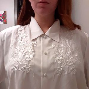 White Floral Embroidered Button Down Dress Shirt